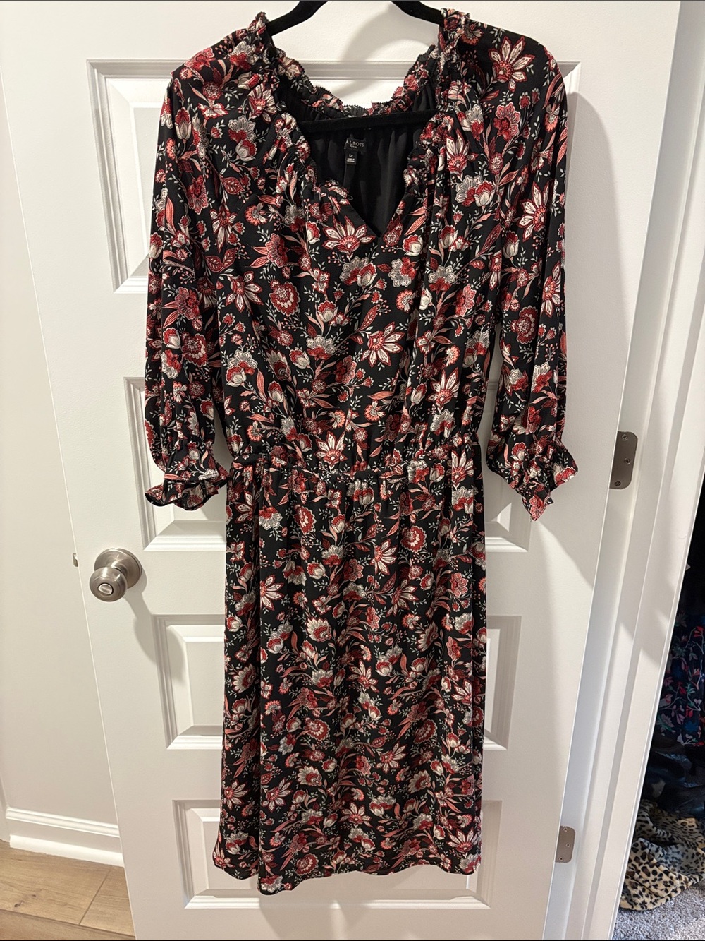 Talbots Black Midi Dress with Red and Cream Floral Print
